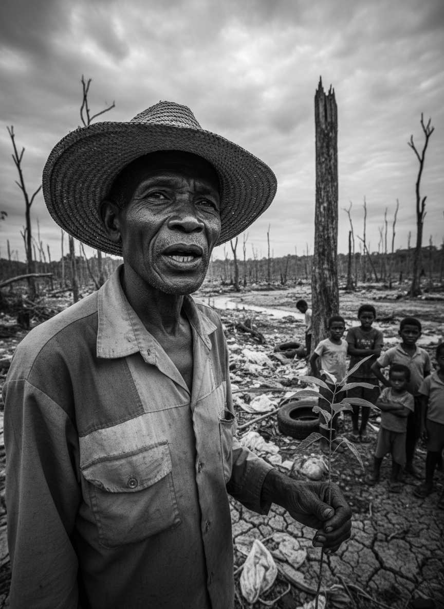 Retrato em alto contraste de liderança comunitária com contexto ambiental